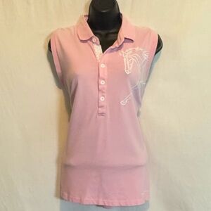 H-164 Horseware Ireland Pink & White Embroidered Sleeveless Summer Blouse Size L